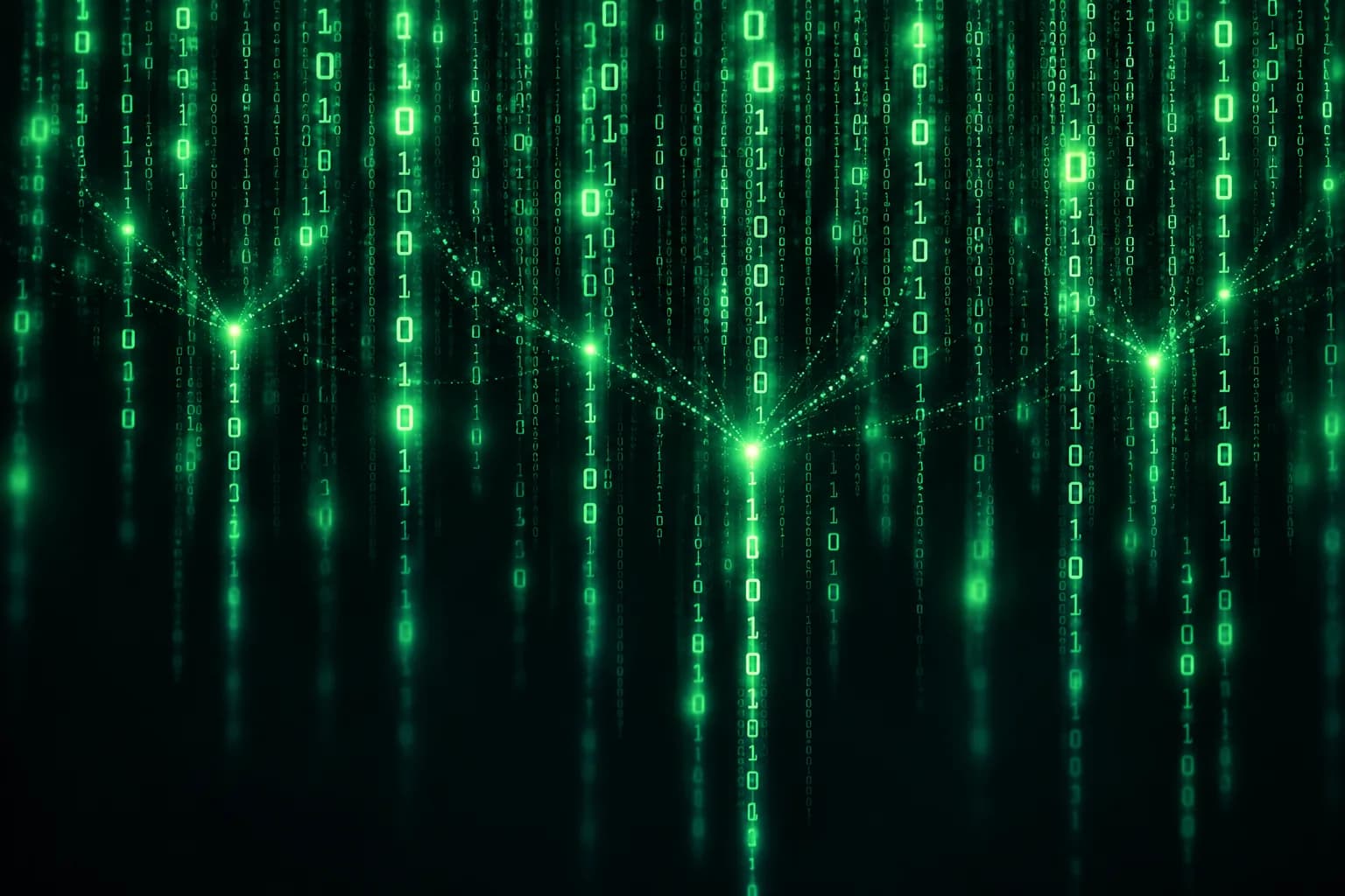 Falling green code converging through connected light points