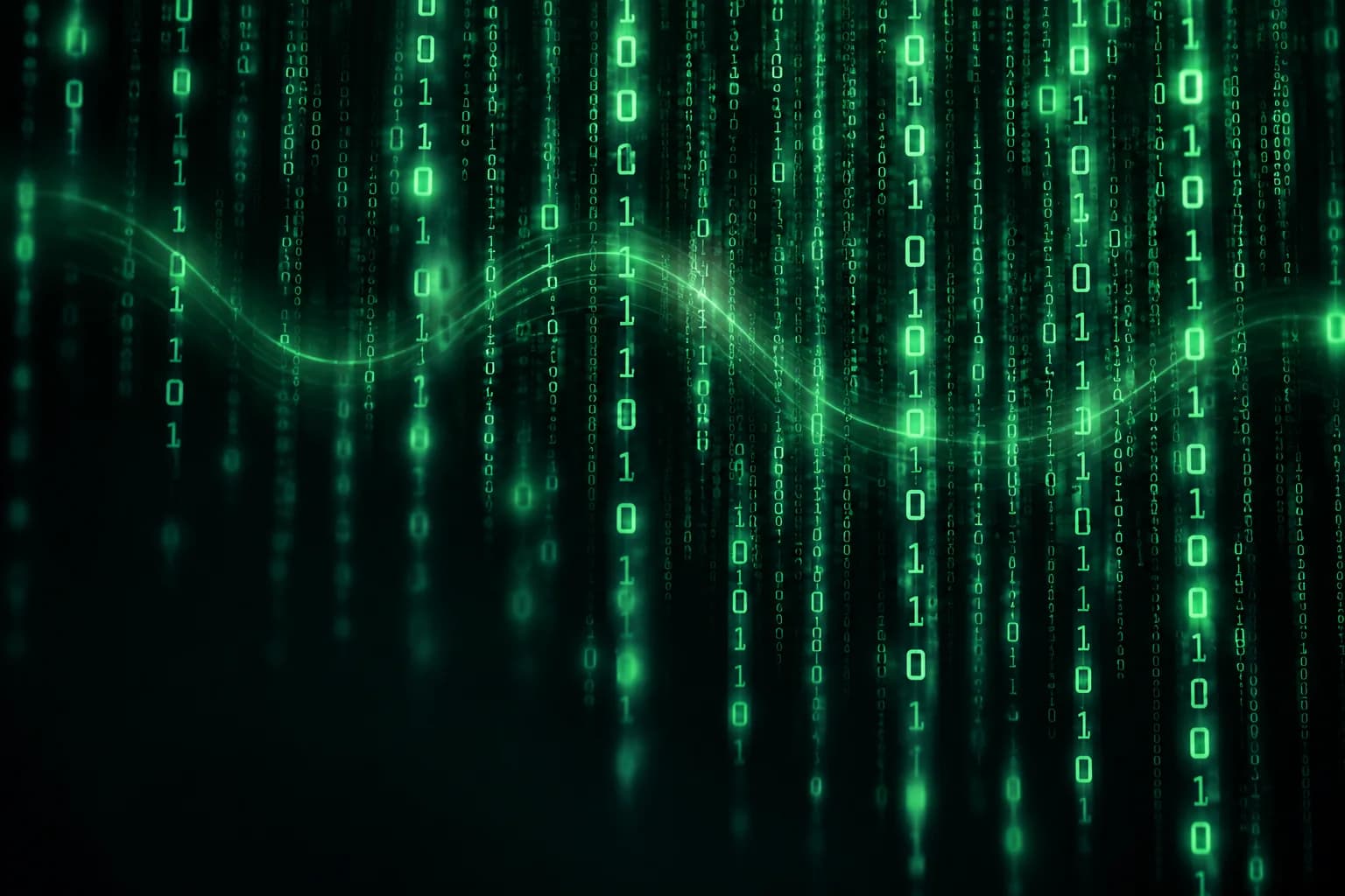 An emerald broadcast wave moving through falling digital code