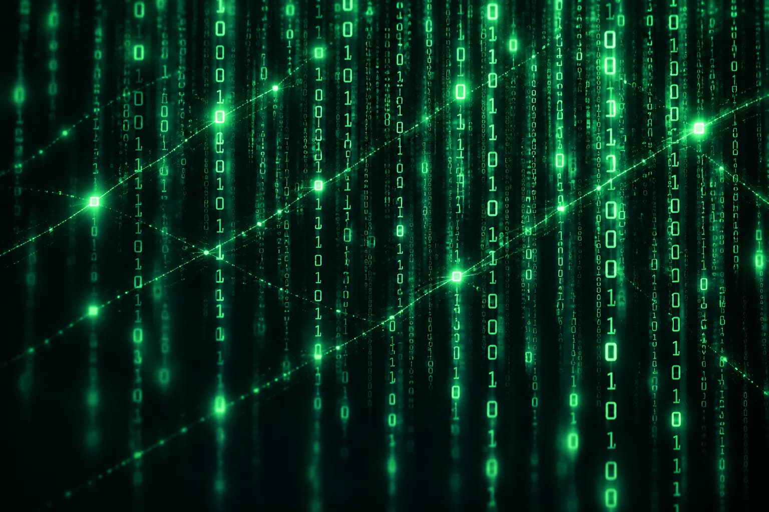 Green code rain crossed by bright signal paths