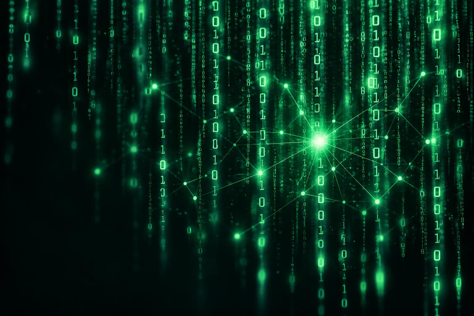 Green digital rain surrounding a glowing network of connected points